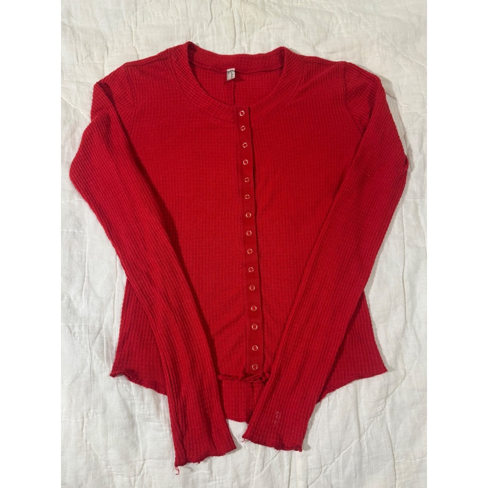 Intimately Free People Going Places Cardi Red Waffle Knit Snap Front Henley Top